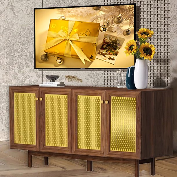Modern Mid Century TV Stand for 75" 70" 65" TVs, Tall Rattan