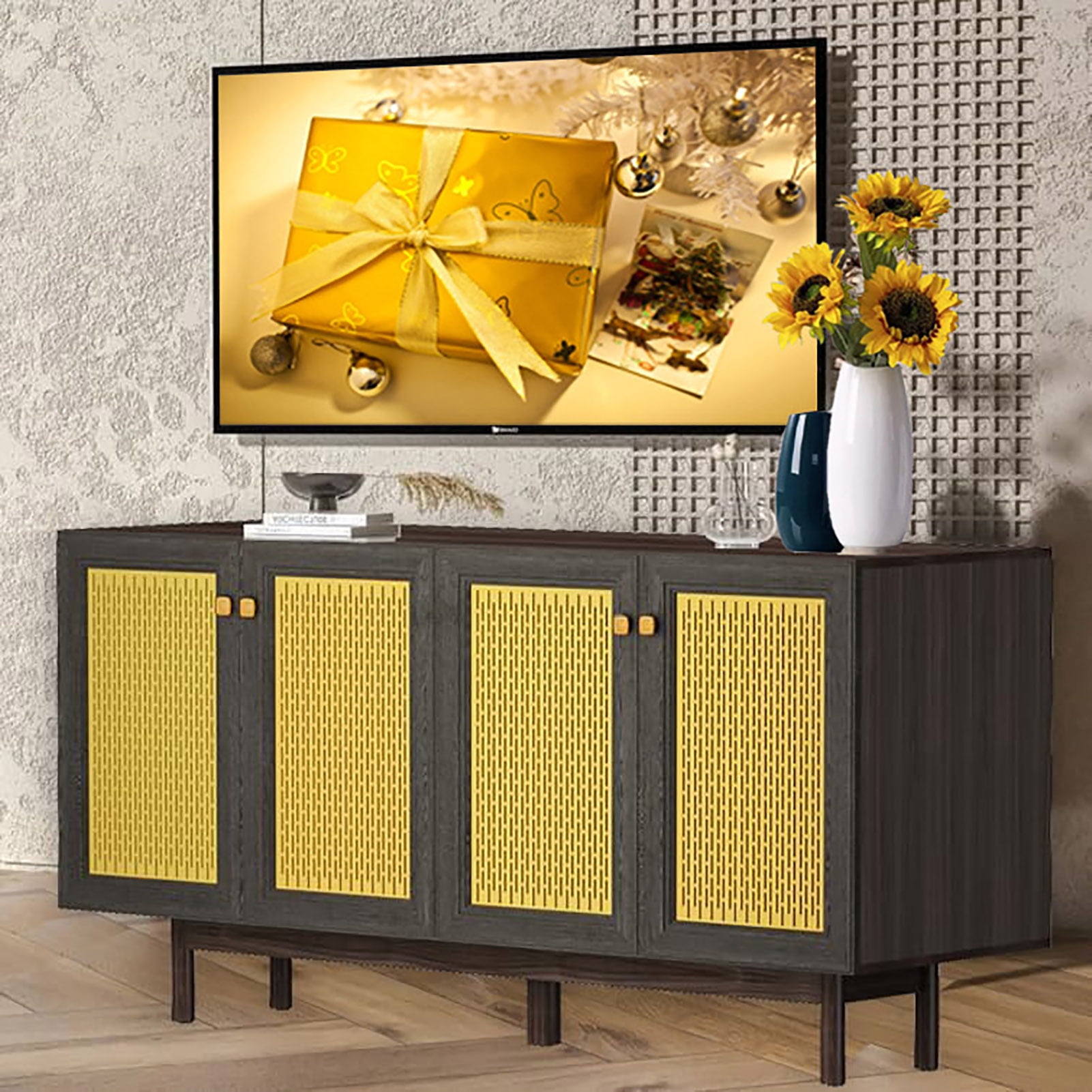 Modern Mid Century TV Stand Media Shelf for 70" 65" TVs, Tall Rattan
