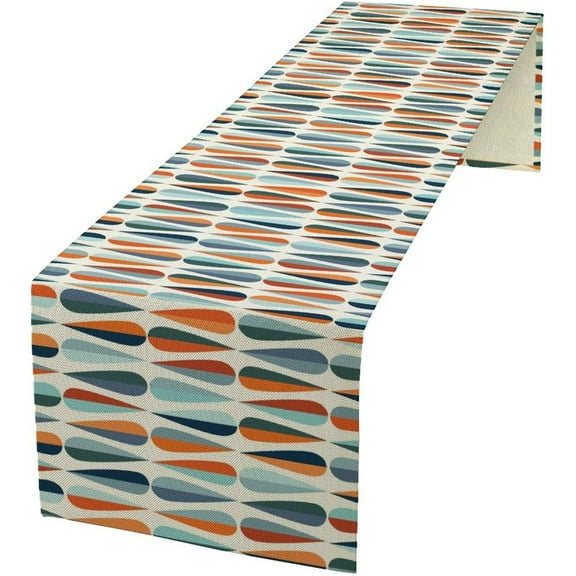 Modern Mid Century Table Runne Retro Blue Orange Grey Water Droplets Geometric Table Runner for Kitchen Dining Room Dining Table Decoration 13x70in