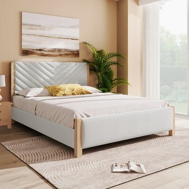 Modern Mid-Century Upholstered Bed Frame Queen, Platform Queen Bed Frame with Tufted Headboard and Solid Wood Legs,No Box Spring Needed