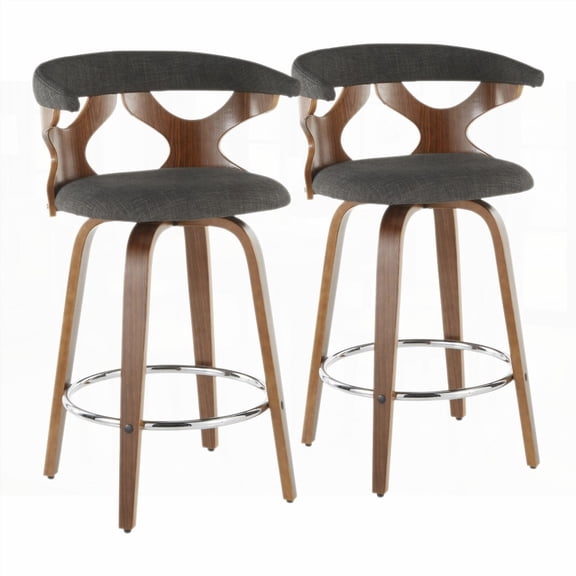 Modern Mid-Century Walnut and Charcoal Fabric Counter Stools - Set of 2