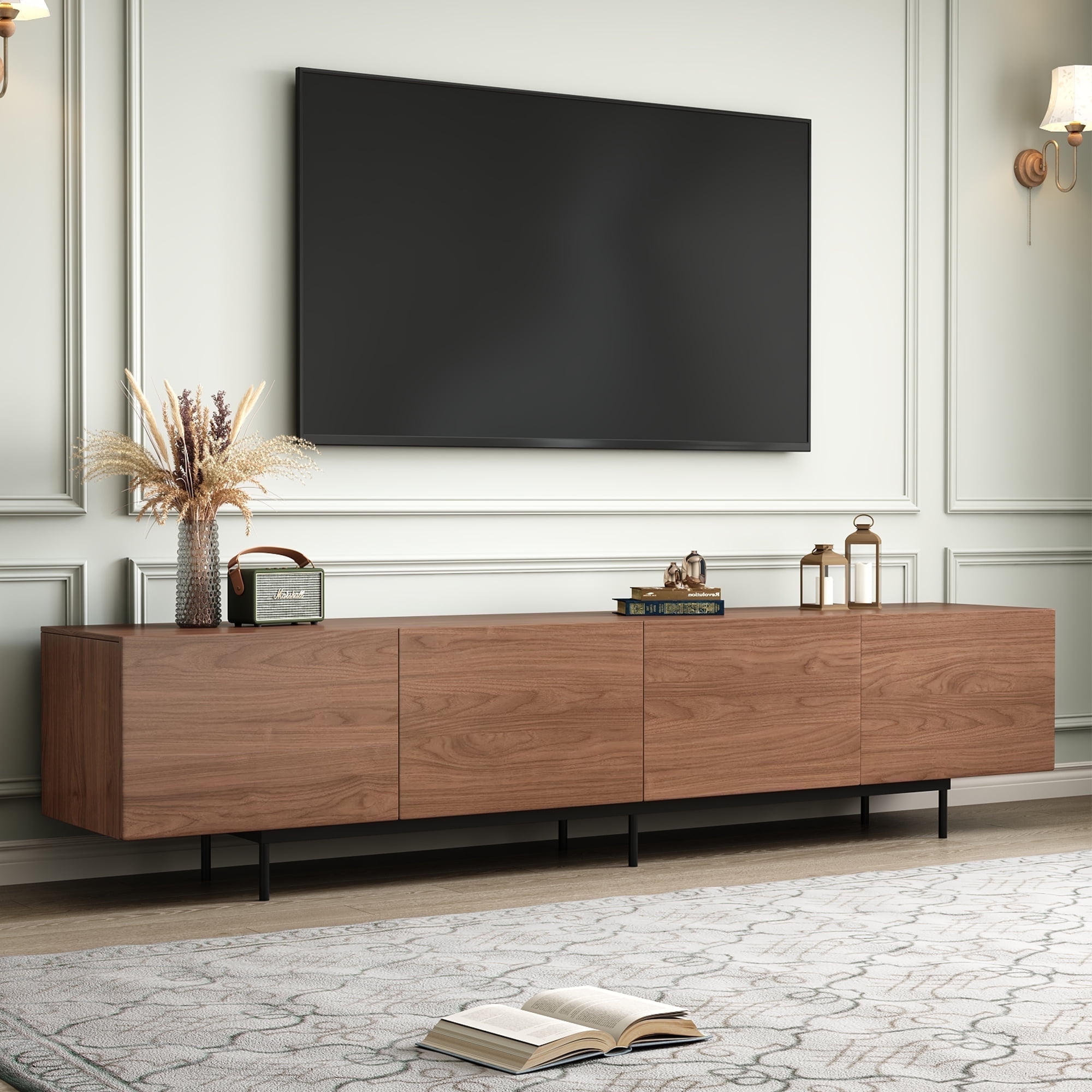 86.61" Walnut Wood TV Stand with 4 Cabinets