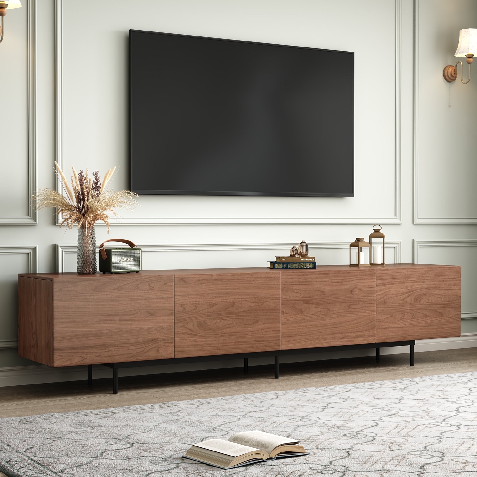 Walnut Veneer 94.49" Modern TV Stand with 4 Cabinets