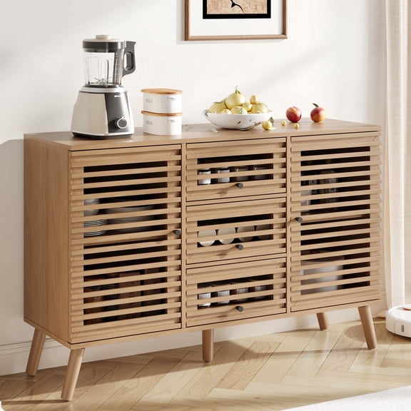 Buffet Cabinet with Slatted Doors, 47" W Sideboard Buffet with Drawers, Modern Mid Century Accent Storage Cabinet for Living Room, Entryway, Kitchen, Oak