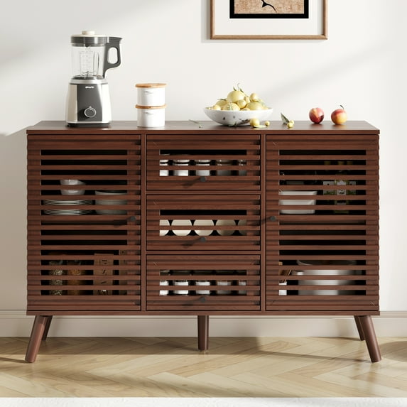 Modern Mid Century Sideboard Buffet with Slatted Doors, 47" W Buffet Cabinet with Drawers, Accent Storage Cabinet for Living Room, Entryway, Kitchen, Walnut