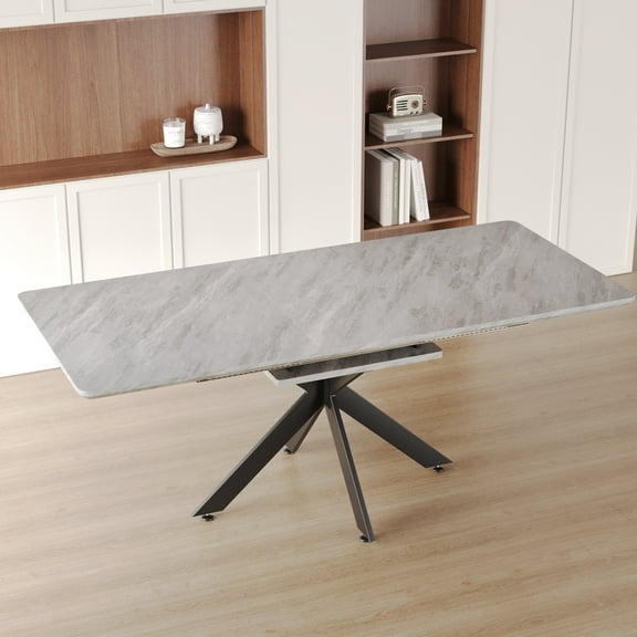 Modern Mid-century Grey Dining Table - 62.4" Extendable. Black Metal Legs. Functional For Various Occasions. Smooth Desktop. Easy To Install Extendable 78.15". Uses. Desktop