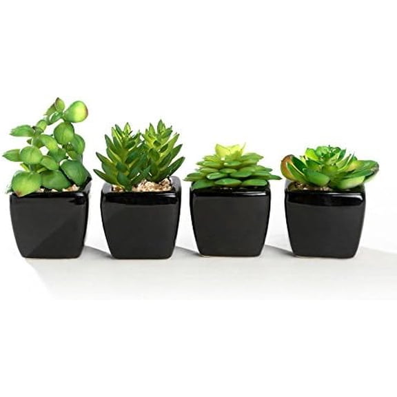 Modern Mini Artificial Succulent Plants Potted in Cube-Shape Black Ceramic Pots for Home Decor, Set of 4