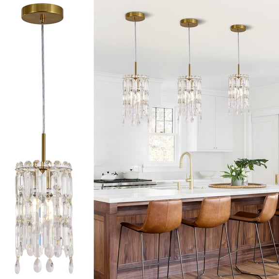 Modern Mini Crystal Chandelier, Copper Gold Pendant Light Fixture, Luxury Raindrop Ceiling Hanging Light Fixture for Kitchen Island, Dining Room, Bedroom, Bathroom, E12 Base, Adjustable Height
