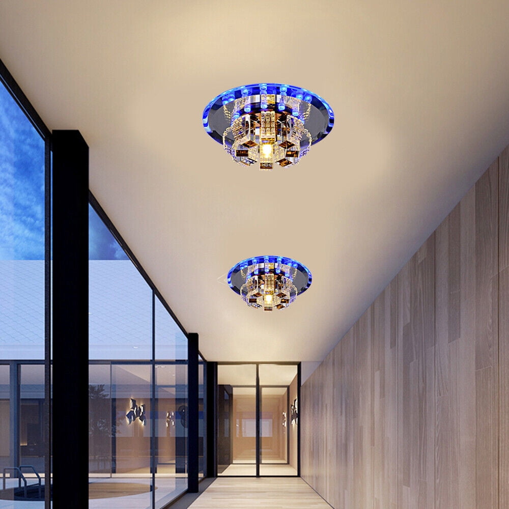 Modern Mini Crystal Chandelier, Round 2-Tier Chandelier Light Fixture Flush Mount Ceiling Lighting Warm White and Blue LED Pendant Lamp for Dining Room Bedroom Living Room