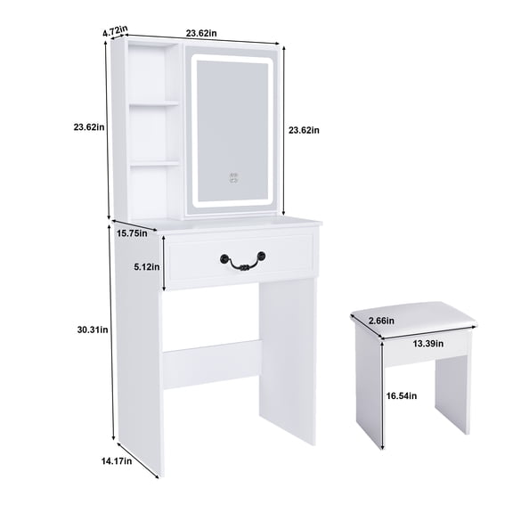 Modern Mini Dressing Table with LED-lit Mirror & Hidden Storage,Includes Padded Stool,Adjustable Brightness Vanity Desk,Multi-tier Dust-proof Shelves,White RR