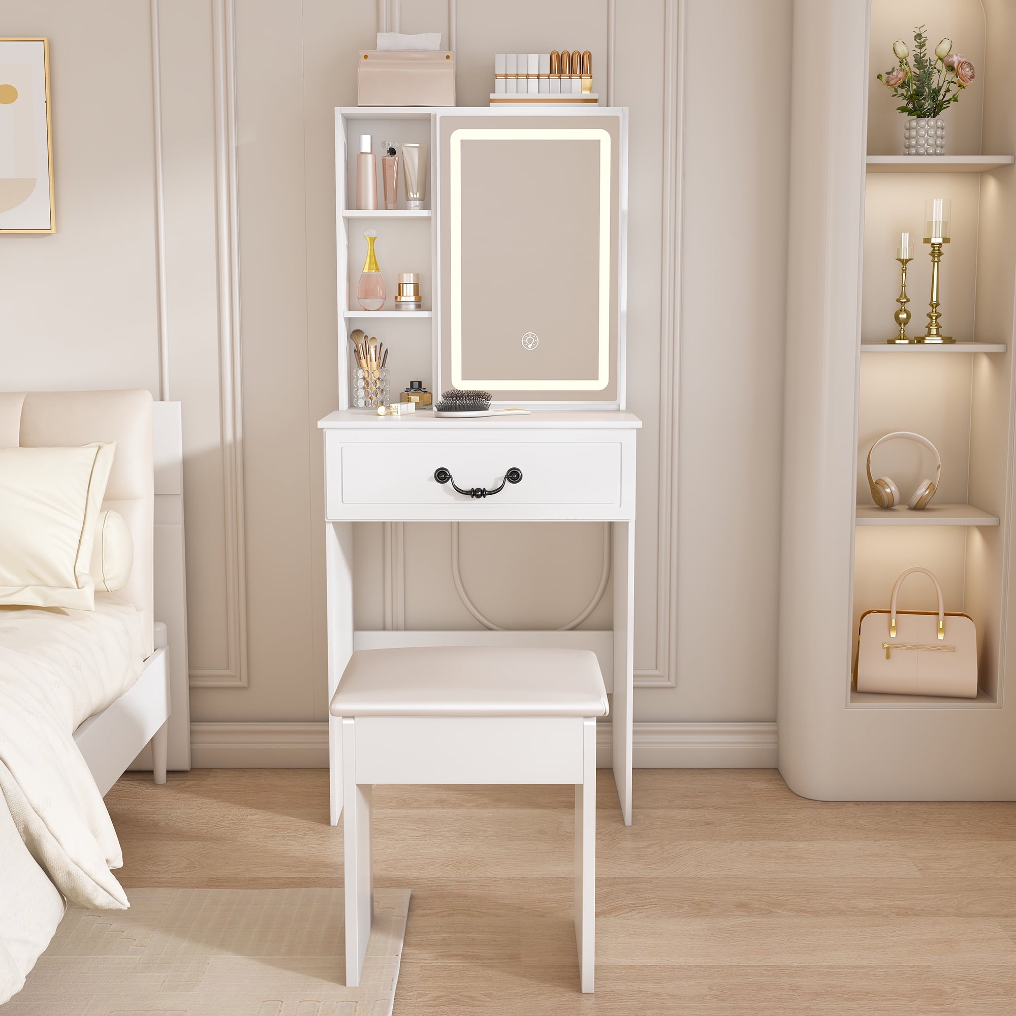 Modern Mini Dressing Table with LED-lit Mirror & Hidden Storage,Includes Padded Stool,Adjustable Brightness Vanity Desk,Multi-tier Dust-proof Shelves