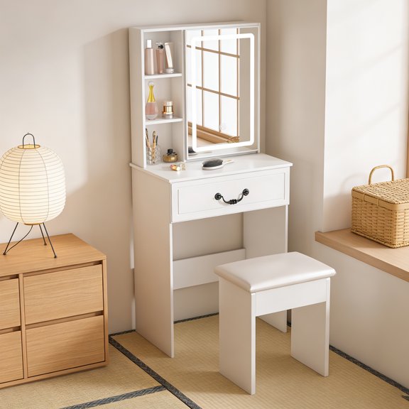 Modern Mini Vanity Desk with LED-Lit Mirror, Hidden Storage & Padded Stool - White Adjustable Brightness Makeup Table with Multi-Tier Dust-Proof Shelves for Bedroom