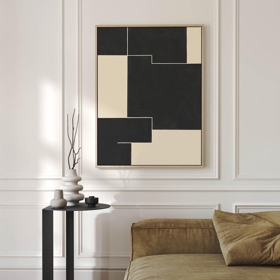 Modern Minimal Abstract Hard-Edge Black and Beige Geometric Wall Decor, Unframed Canvas 16x20in