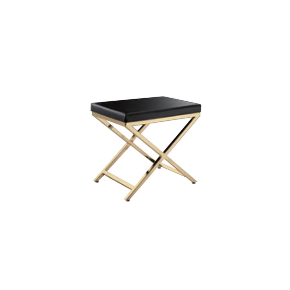 Modern Minimalism 21 Inch Accent Stool with Black Faux Leather Seat and Gold Finished Cross Legs, Durable Construction and Easy to Maintain
