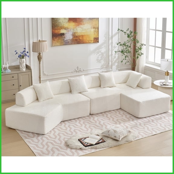 Modern Minimalist 140'' L-Shape Boucle Sofa - 4-Seat Modular Couch with Chaise, No Assembly Required