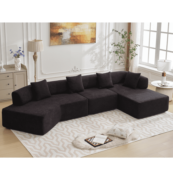 Modern Minimalist 140" L-Shaped Modular Sofa with Chaise Lounge, No Assembly Required, Boucle Fabric, 4-Seater Reversible Cushions, Durable for High-Traffic Areas, Black
