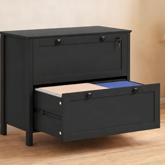 Modern Minimalist 2-Drawer Lateral Filing Cabinet, Lockable Adjustable File Storage, Melamine Particleboard, Classic Black