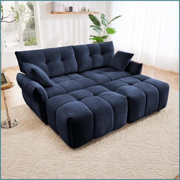 Modern Minimalist 2-Seater Chenille Sofa with 2 Ottomans & Pillows Cozy for Living Room, Apartment, Dorm | Blue | Chenille | Wood