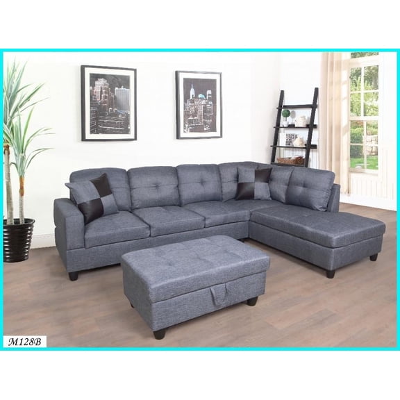 Modern Minimalist 3-Piece Sectional Sofa with Left Chaise Gray Microfiber & Faux Leather, Storage Ottoman for Living Room
