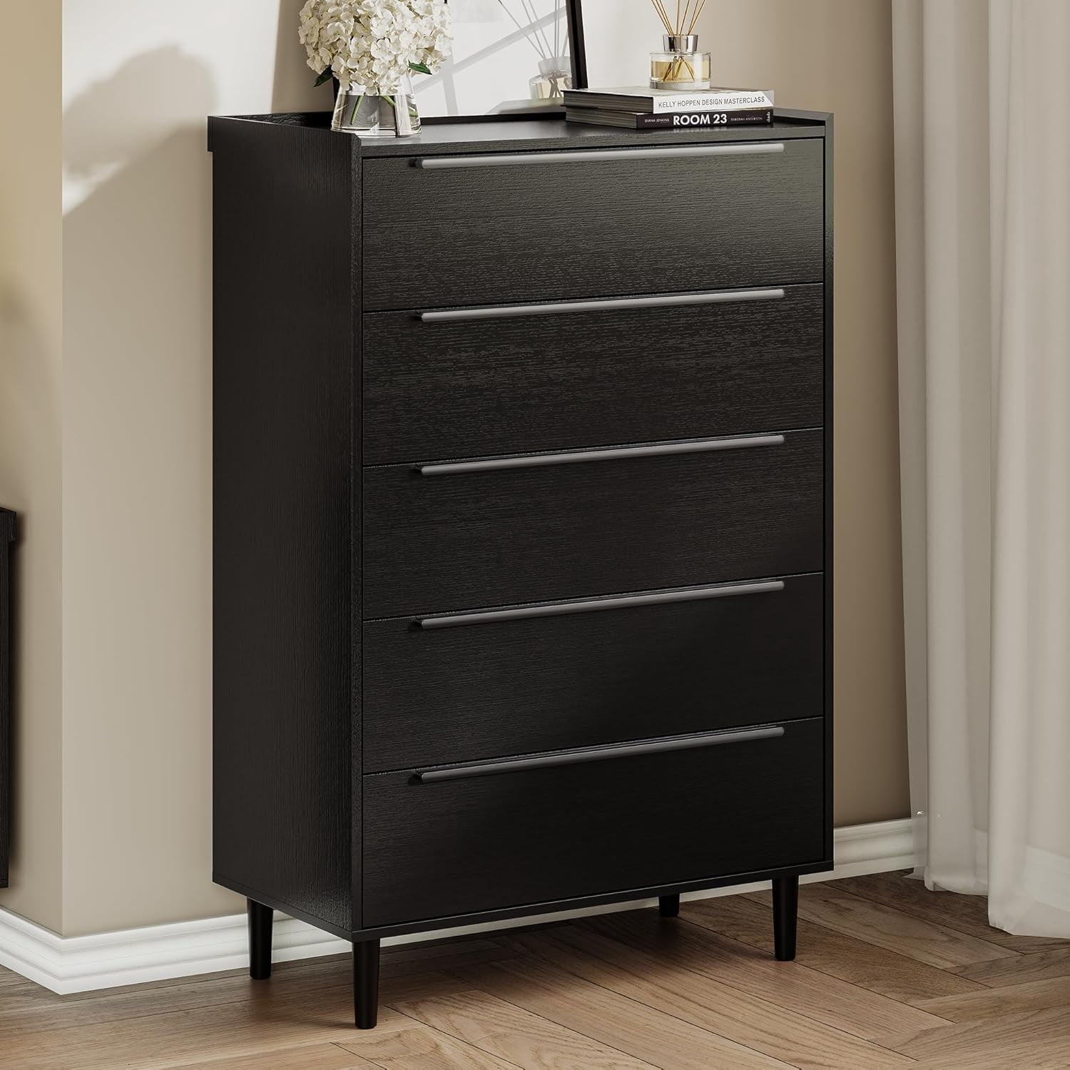 minimalist tall dresser Black Tall Dresser, 5 Drawer Dresser for Bedroom, Wood Chest of Drawers  with Sleek Metal Handles, Large Dresser Modern Storage Cabinet for Living  Room