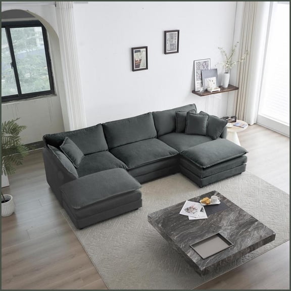 Modern Minimalist 5-Seater U-Shaped Sectional Sofa with Reversible Footrest & 2 Ottomans - Gray Chenille | Solid Wood Frame | Cushion Back - Living Room