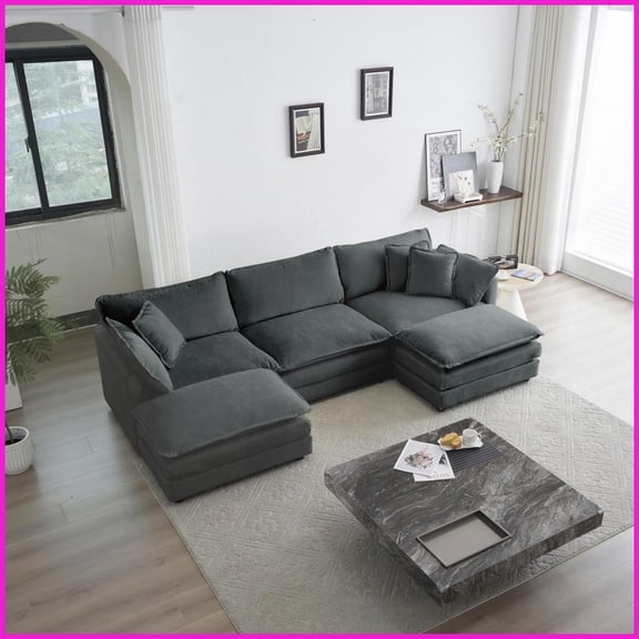 Modern Minimalist 5-Seater U-Shaped Sectional Sofa with Reversible Footrest - Gray Chenille for Living Room
