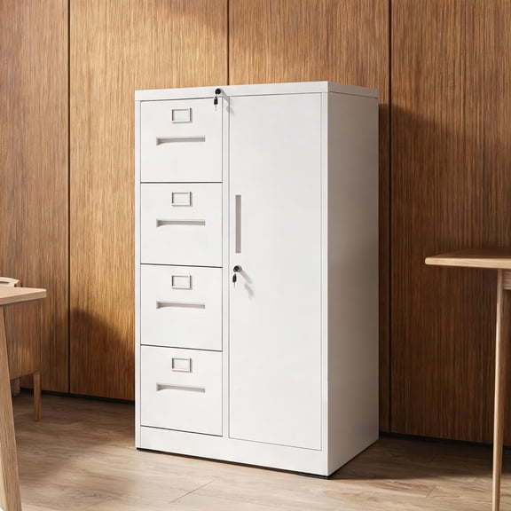 Modern Minimalist 52-Inch Tall Vertical Locking Filing Cabinet, 4 Drawers 1 Door, Cold Rolled Steel, Soft White