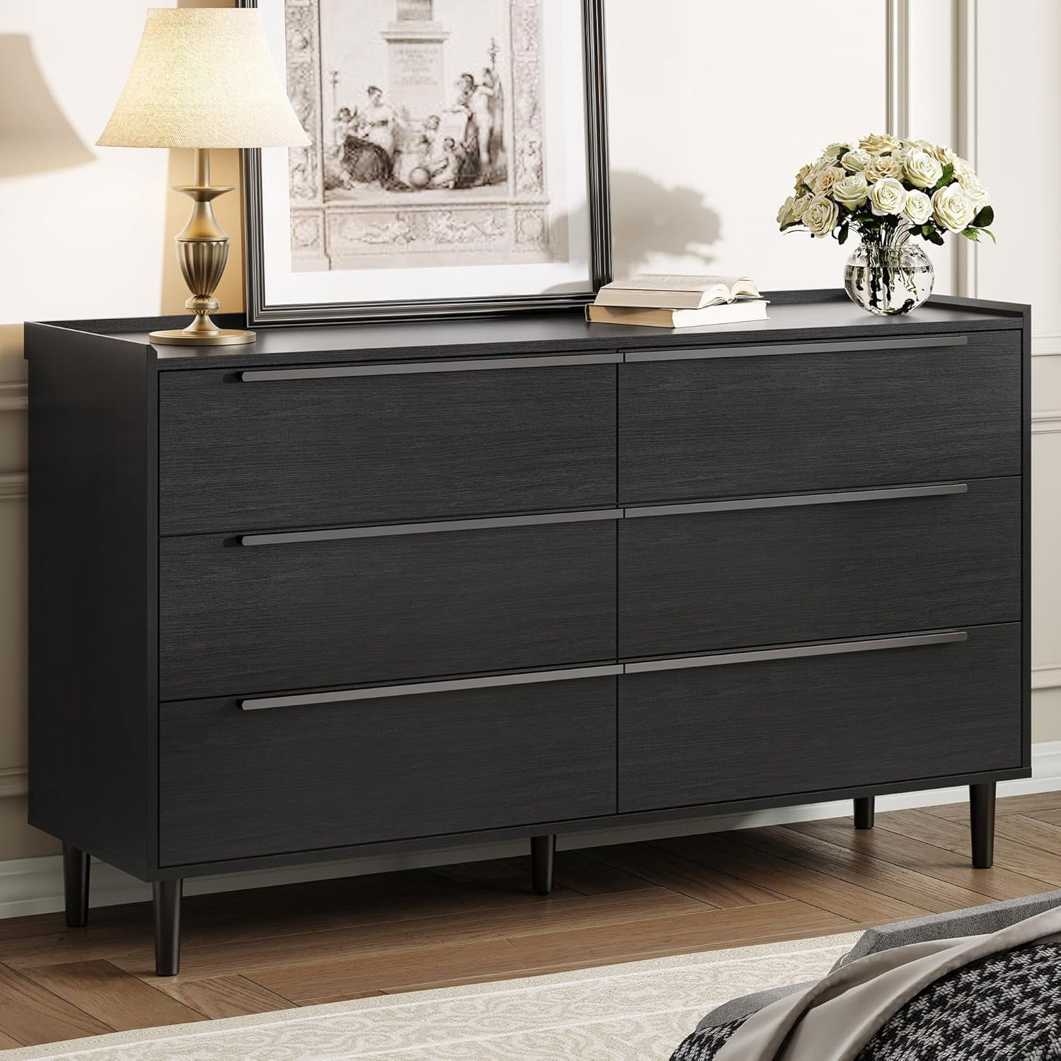Modern Minimalist 54" Wide Black Dresser for Bedroom, Large 6-Drawer  Storage Cabinet with Sleek Metal Handles, Clothes Organizer Chest for  Closet, Hallway, or Living Room - Walmart.com