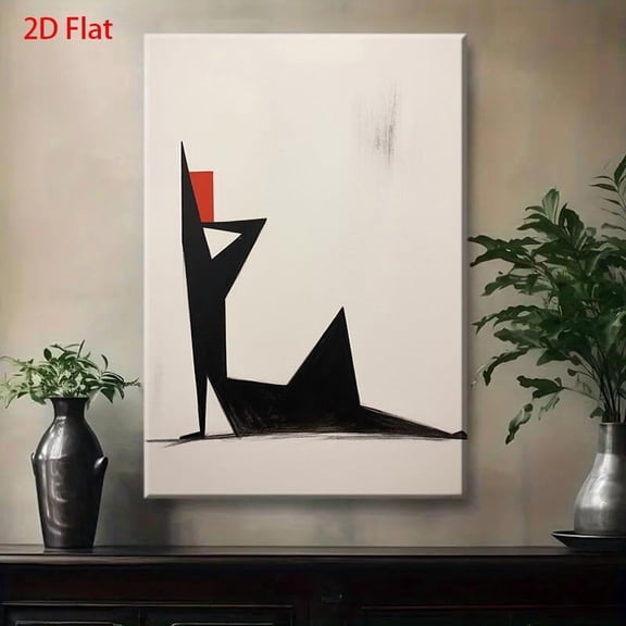 Modern Minimalist Abstract Black & White Human Figure Wall Art - 2D Flat Black Frame Wrapped Canvas Painting, Red Accent Dynamic Pose Painting for Living Room, Office Decor - Contemporary Home Decor