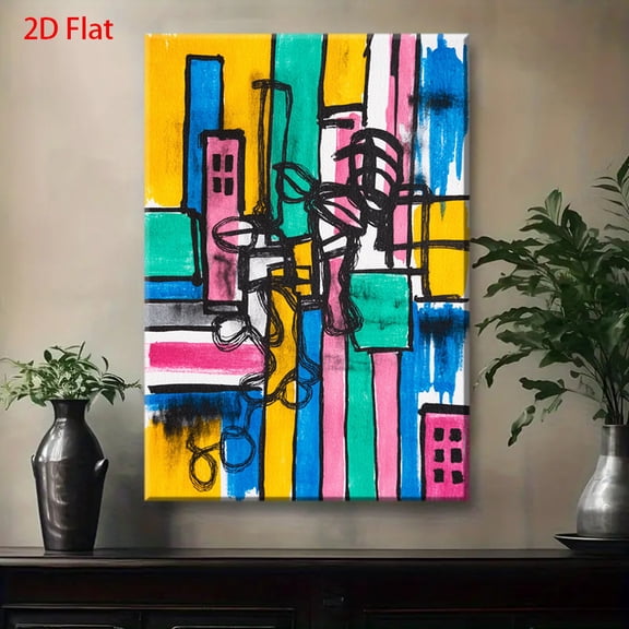Modern Minimalist Abstract Cityscape Wall Art - Multicolor (Turquoise, Pink, Yellow, Green, Blue, Black, White) Large Building & Lines Painting - Wrapped Canvas Frame for Contemporary Bedroom