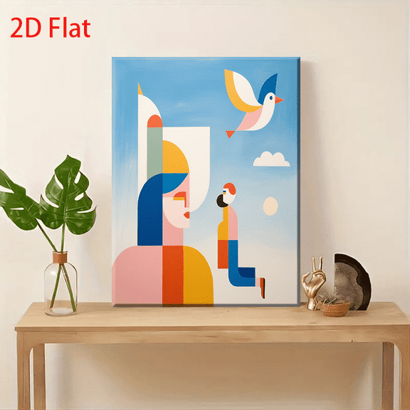 Modern Minimalist Abstract Geometric Wall Art Canvas Painting - Multicolor Pastel Blue Pink Yellow Green Beige White - Stylized Female Figure & Flying Birds (Birds in Flight) - Flat Panel for