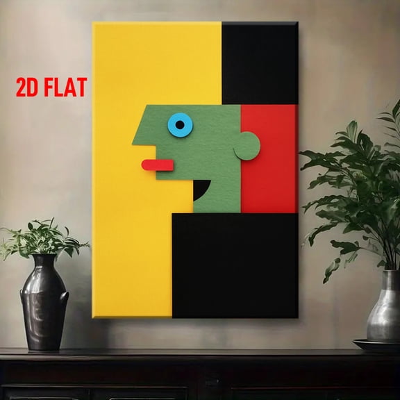 Modern Minimalist Abstract Geometric Wall Art - Yellow Green Black Red Blue White Male-Female Face Painting, Wrapped Canvas Frame, Contemporary Male-Female Symbol for Home & Office Decor, Scandinavia