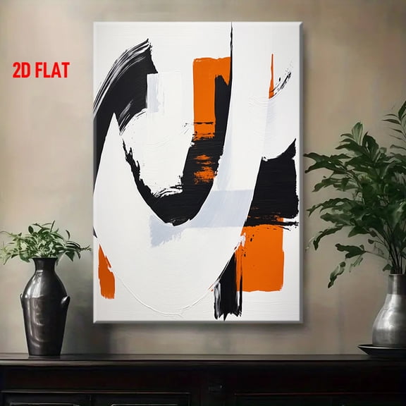 Modern Minimalist Abstract Wall Art - Black White Orange Beige Bold Brush Stroke Painting with White Frame - Large Black & Orange Block Canvas Art for, Office Decor - Wrapped Framed Ready-to-Hang