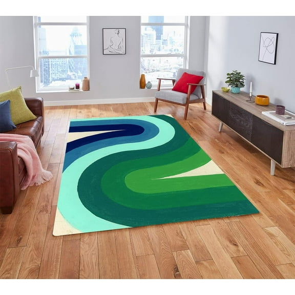 Modern Minimalist Abstract Waves Teal Green Area Rug for Living Room Bedroom Wool Shagy Soft Carpet Under Dining Table No-Slip Indoor Art Deco Office Home Floor Rug 2'x3'