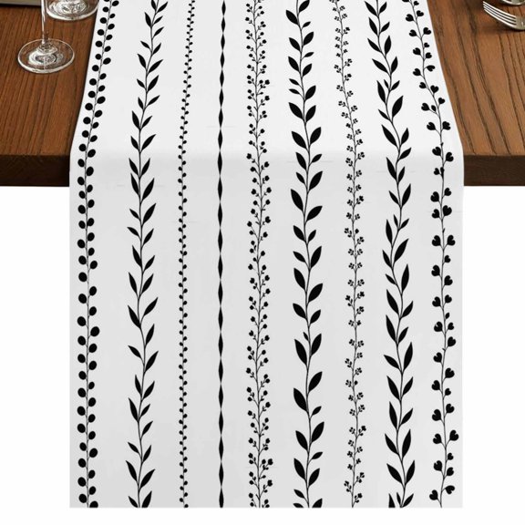 Modern Minimalist Art Burlap Cotton Table Runner 13x36 Inches Short, Rustic Leaf Stripes Simple Black Farmhouse Table Runners, Outdoor Dining Table Decor for Baby Shower/Party/Wedding