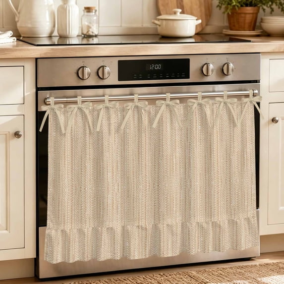 Modern Minimalist Art Oven Skirt for Farmhouse Kitchen Décor, Solid Color Linen Texture Beige Oven Curtain Tie Top Decorative Stove Skirt, Cabinet Dish Washer Curtains with 8 Ribbon Ties 30"x21.5"