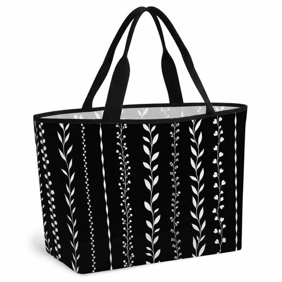 Modern Minimalist Beach Bag for Women, Large Breathable Mesh Beach Tote Bag, Country Leaf Stripes Lines Black Sandproof Lightweight Travel Bags for Vacation Picnic Swimming Pool 15.7"x15.7"x9.1"
