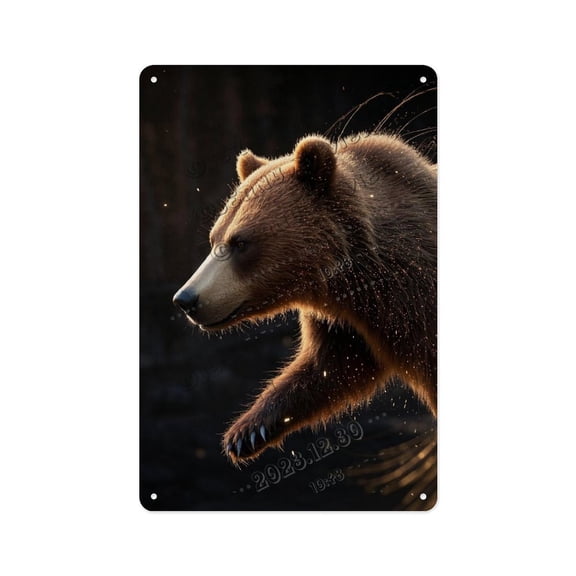 Modern Minimalist Bear Tin Sign 12x16 Unique Aluminum Novelty Sign with Black Background for Urban Cabin, Loft, or Industrial Rustic Decor