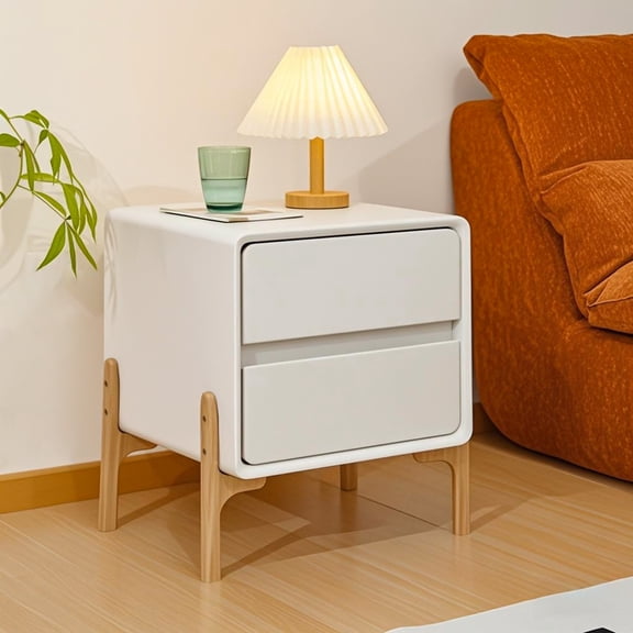 Modern Minimalist Bedside Table, Solid Wood Side Table with 2 Drawers, Leather Wrapped Storage Cabinet, Suitable for Living Room,Bedroom