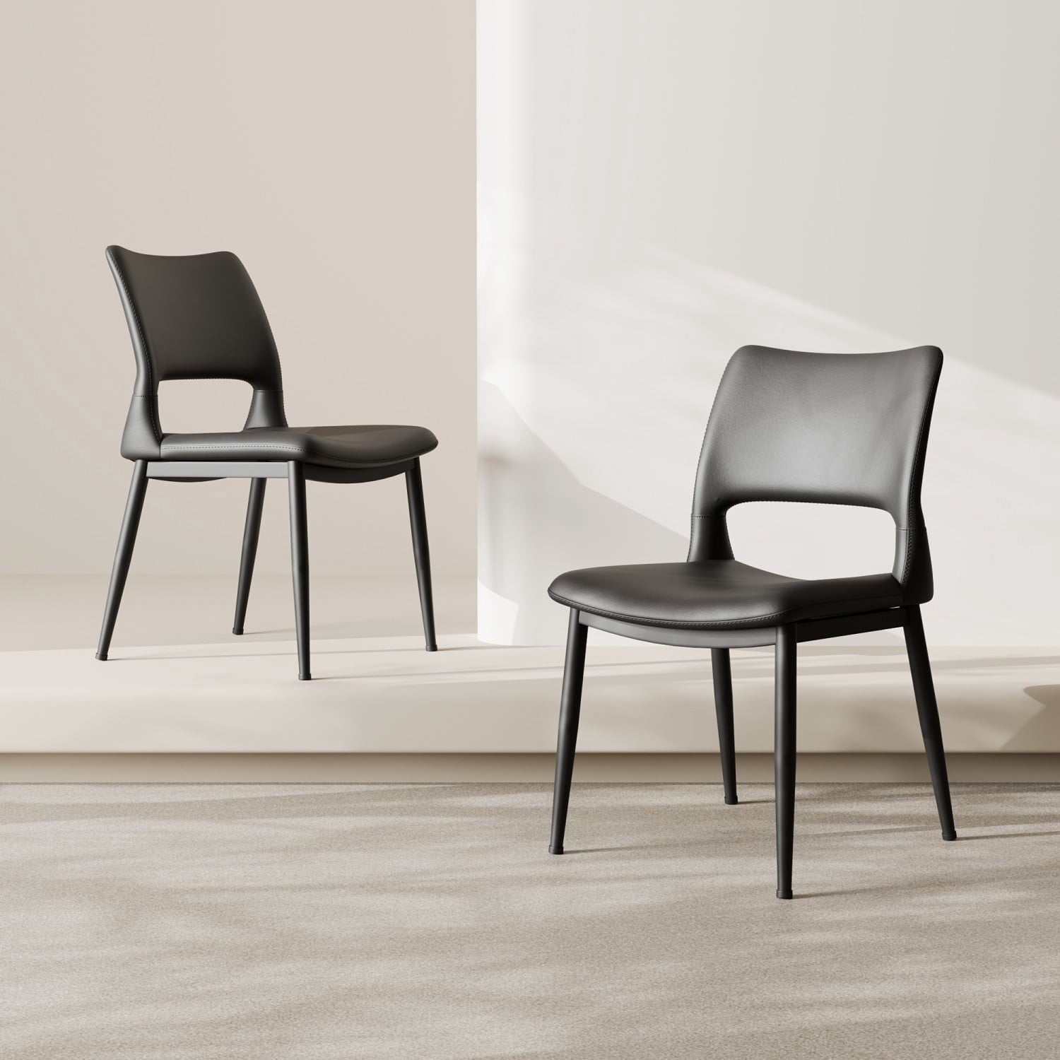 Modern Minimalist Black PU Leather Dining Chairs Set of 2 Upholstered Kitchen Chairs with Metal Legs Ergonomic Backrest for Dining Room Restaurant Office