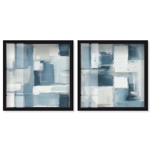 Modern Minimalist Blue Abstract Pair 2 Panel Set Shadowbox Print Abstract Wall Art by Art Remedy, Black Frame, 25 x 25