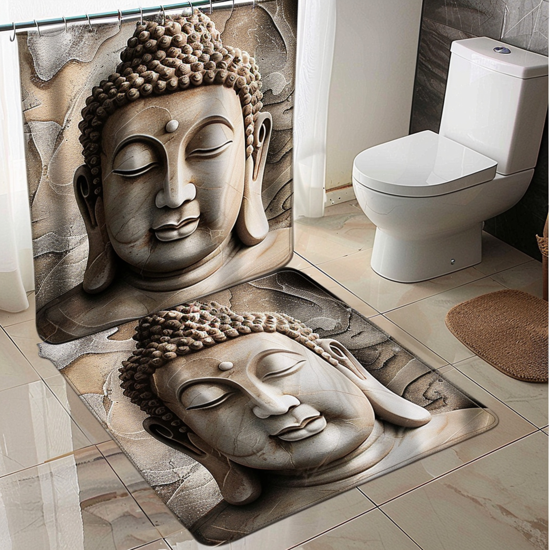 Modern Minimalist Buddha Face Design Bathroom Set with Shower Curtain