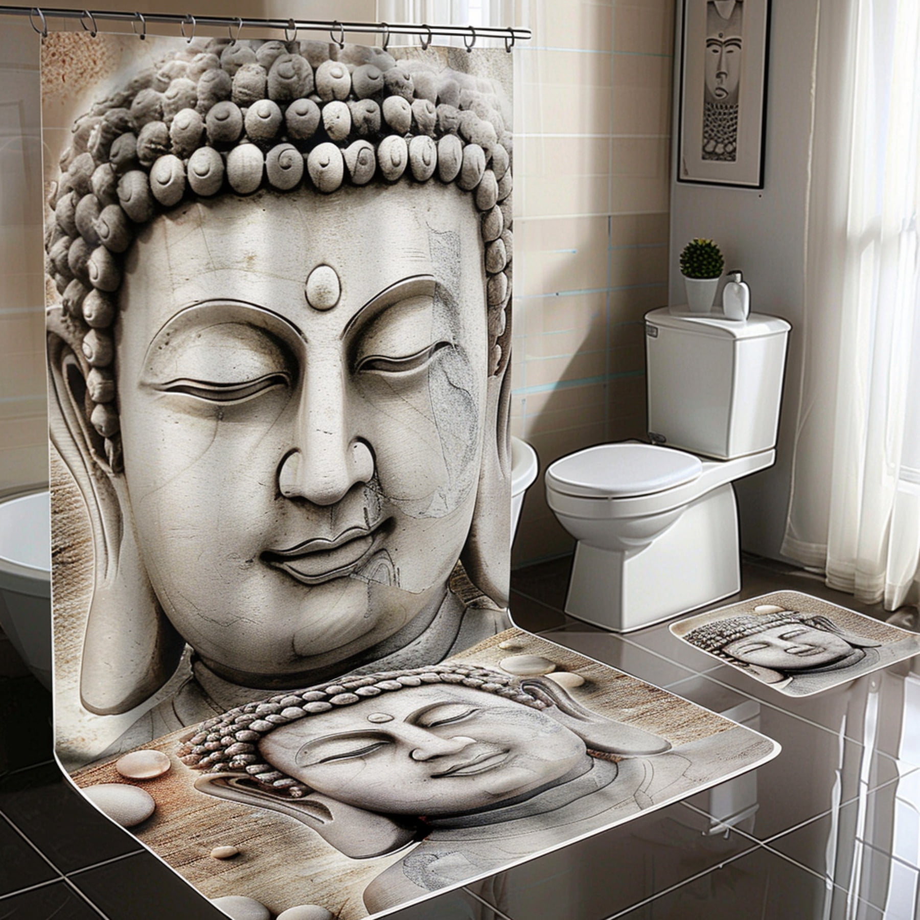Modern Minimalist Buddha Face Design Bathroom Set with Shower Curtain