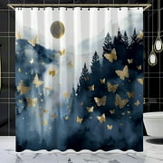 Modern Minimalist Butterfly Shower Curtain Elegant Dark Sky Design with Golden Butterflies Stylish Bathroom Decor