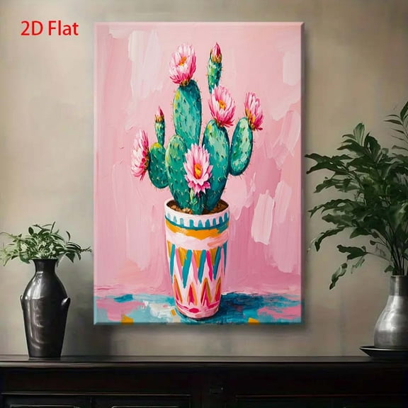 Modern Minimalist Cactus Potted Plant Wall Art - Soft Pastel Pink & Green Cacti with White Striped Pot, Wrapped Canvas Frame, Flat Panel Picture for /Outdoor Decor - Beige & Mint Green or Boho Accent