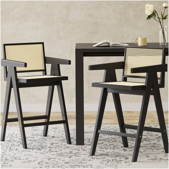 Modern Minimalist Cane Bar Stools, Set of 2 with Solid Wood Frame and Back Support, Black and Natural Finish