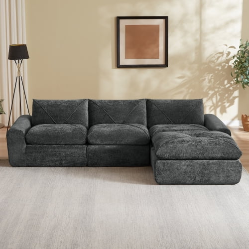 Modern Minimalist Chenille 4-Seat Combination Sofa with Footrest Pedals Spacious L-Shape Sectional for Living Room, Apartment, Family, Deep Gray, 119"W, Foam+Spring Construction, Easy Clean