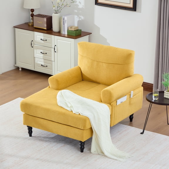Modern Minimalist Chenille Chaise Lounge Recliner - Single Sofa with Wooden Legs, Side Storage Pockets for Living Room Bedroom Office,Mustard yellow