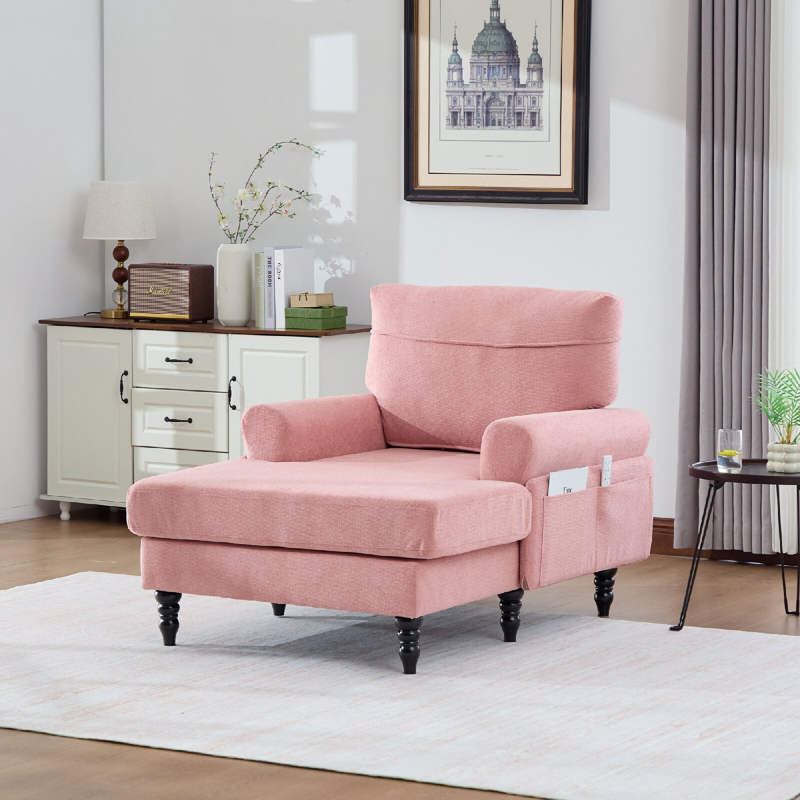 Gallery Detail: Modern Minimalist Chenille Fabric Chaise Lounge Recliner Single Sofa