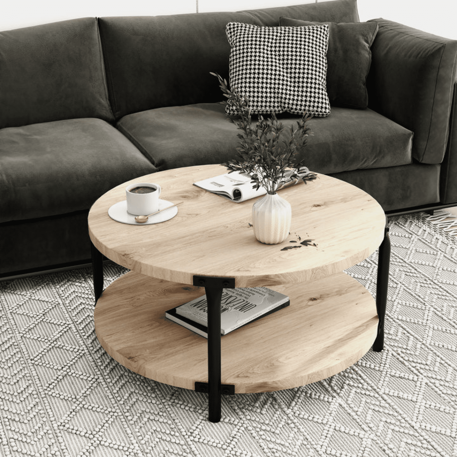 Modern Minimalist Circular Bohemian Coffee Table – Double Layer Storage, Natural Wood Finish, 31.4" Indoor Decor for Living Rooms & Study Spaces